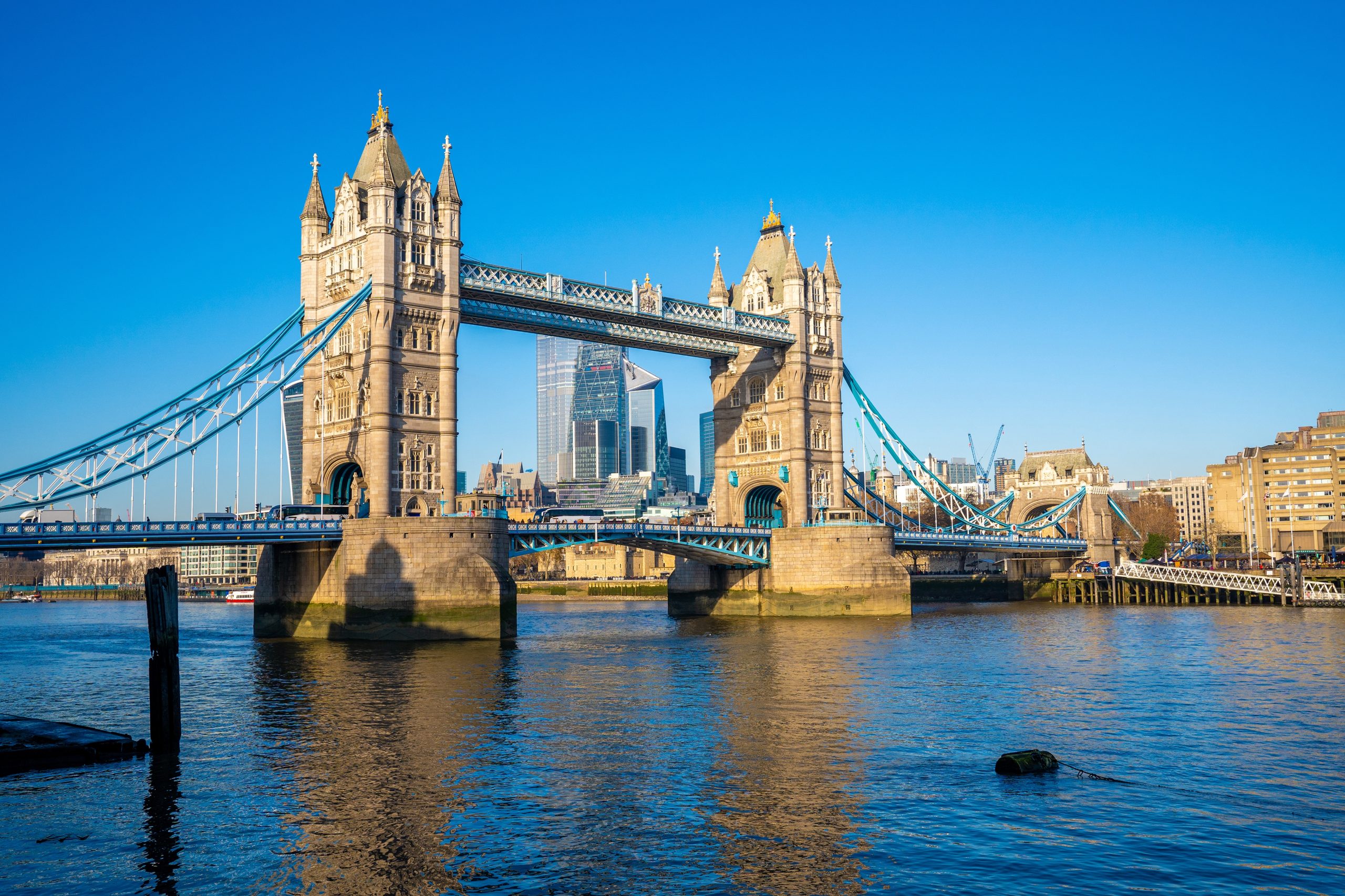 A closeup shot of the Tower Bridge in Thames river in London UK at daytime